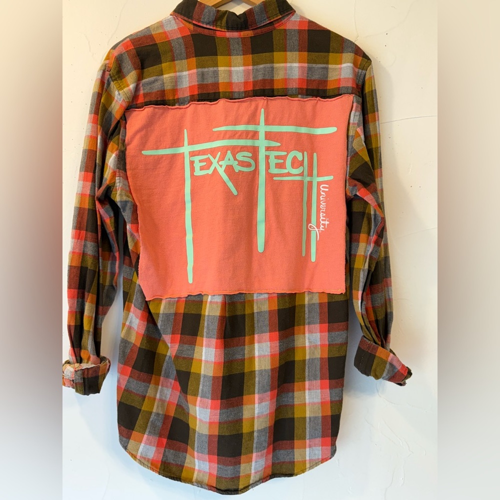 OOAK UPCYCLED TEXAS TECH TEE & FLANNEL BROWN ORANGE GREEN SZ S